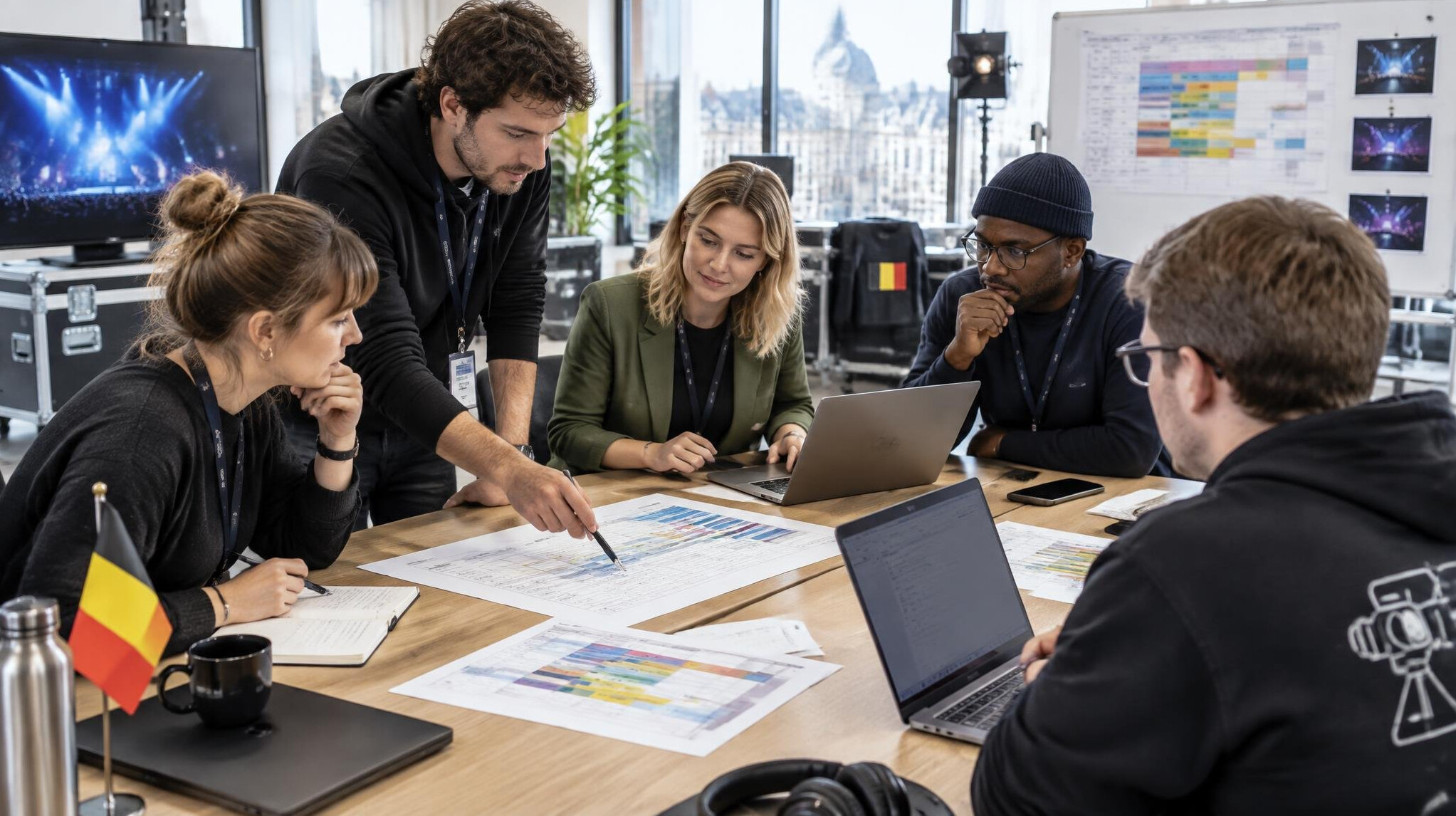 Production team planning around a table with laptops