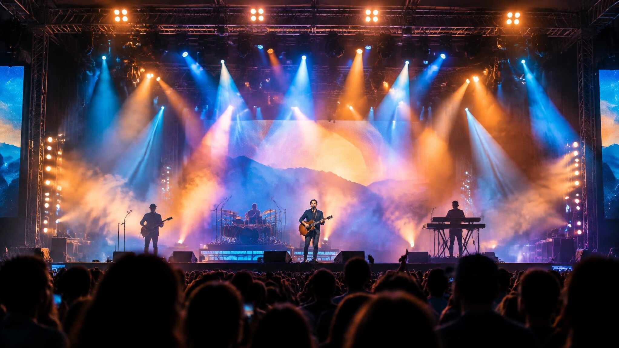 Stage with colourful spotlights and lighting rig during an entertainment show