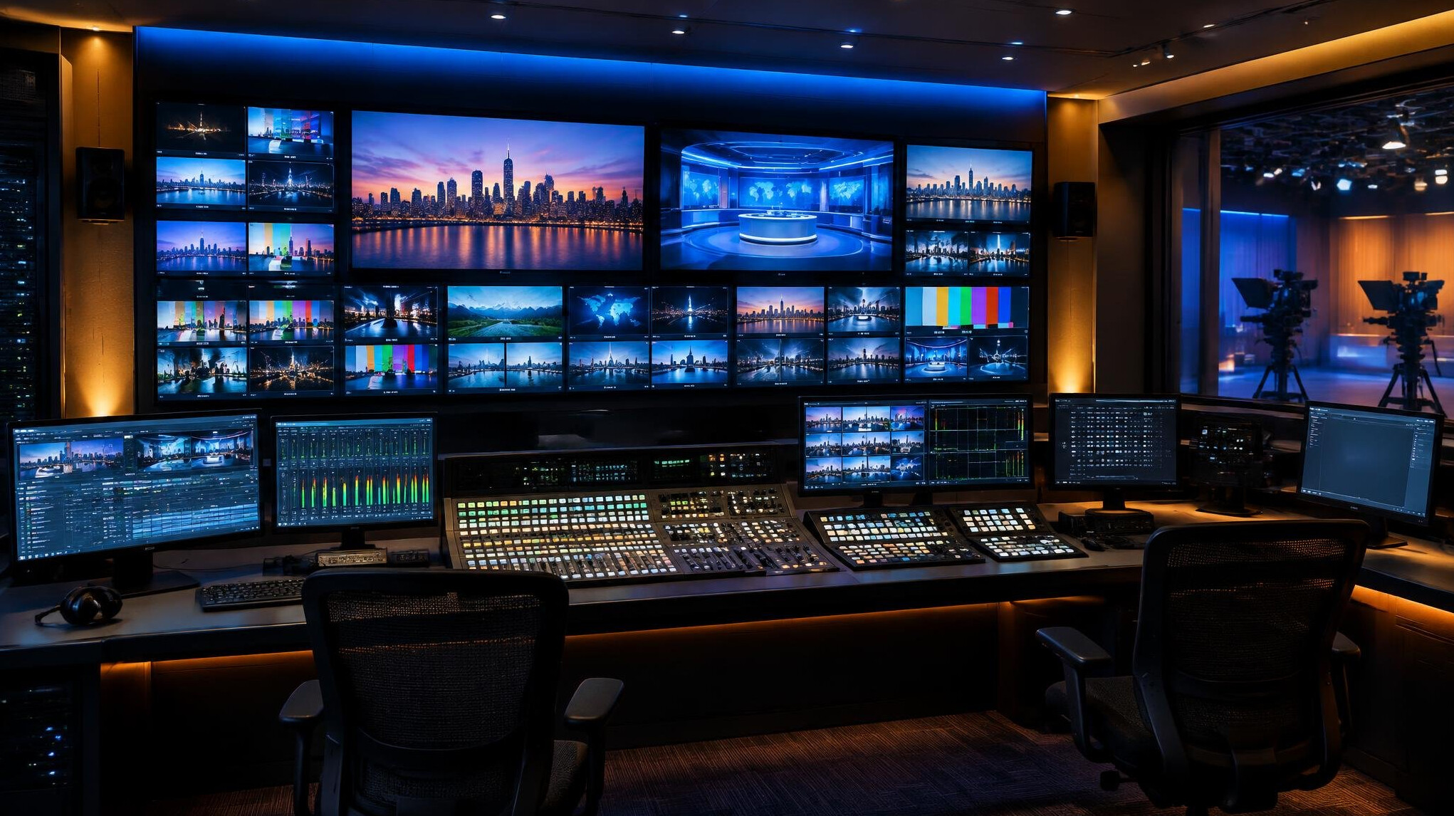 Television production control room with multiple monitors