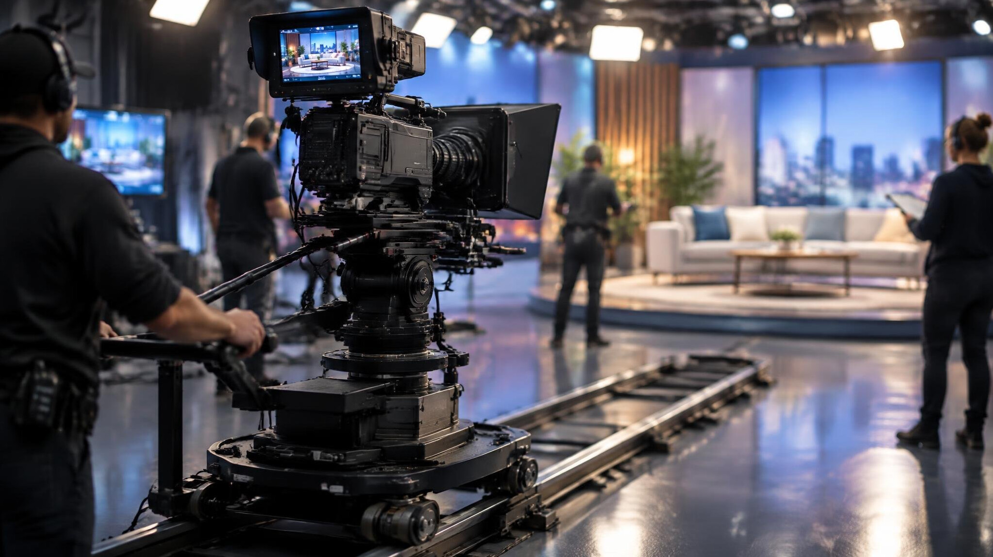 Film crew operating a professional camera on a set
