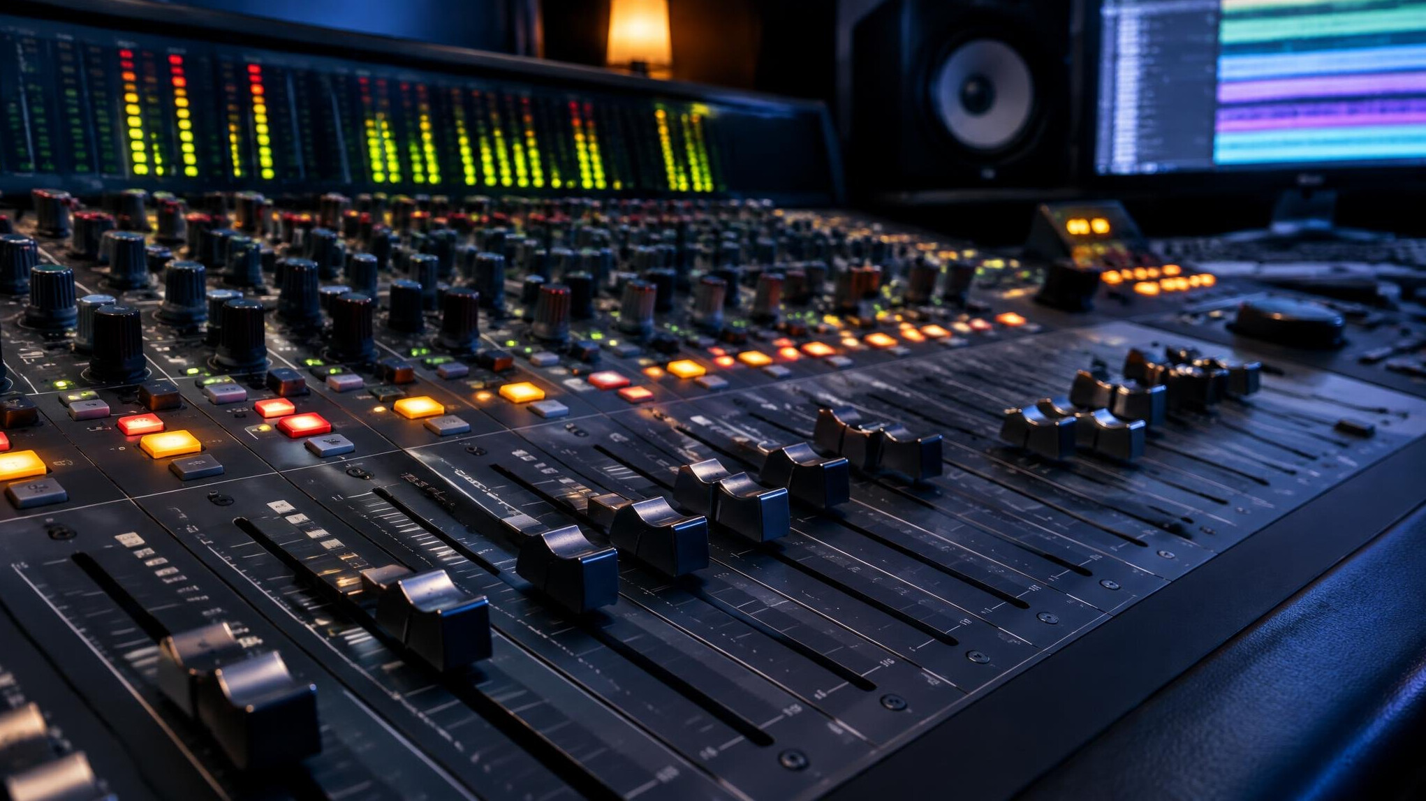 Professional audio mixing console with faders and knobs